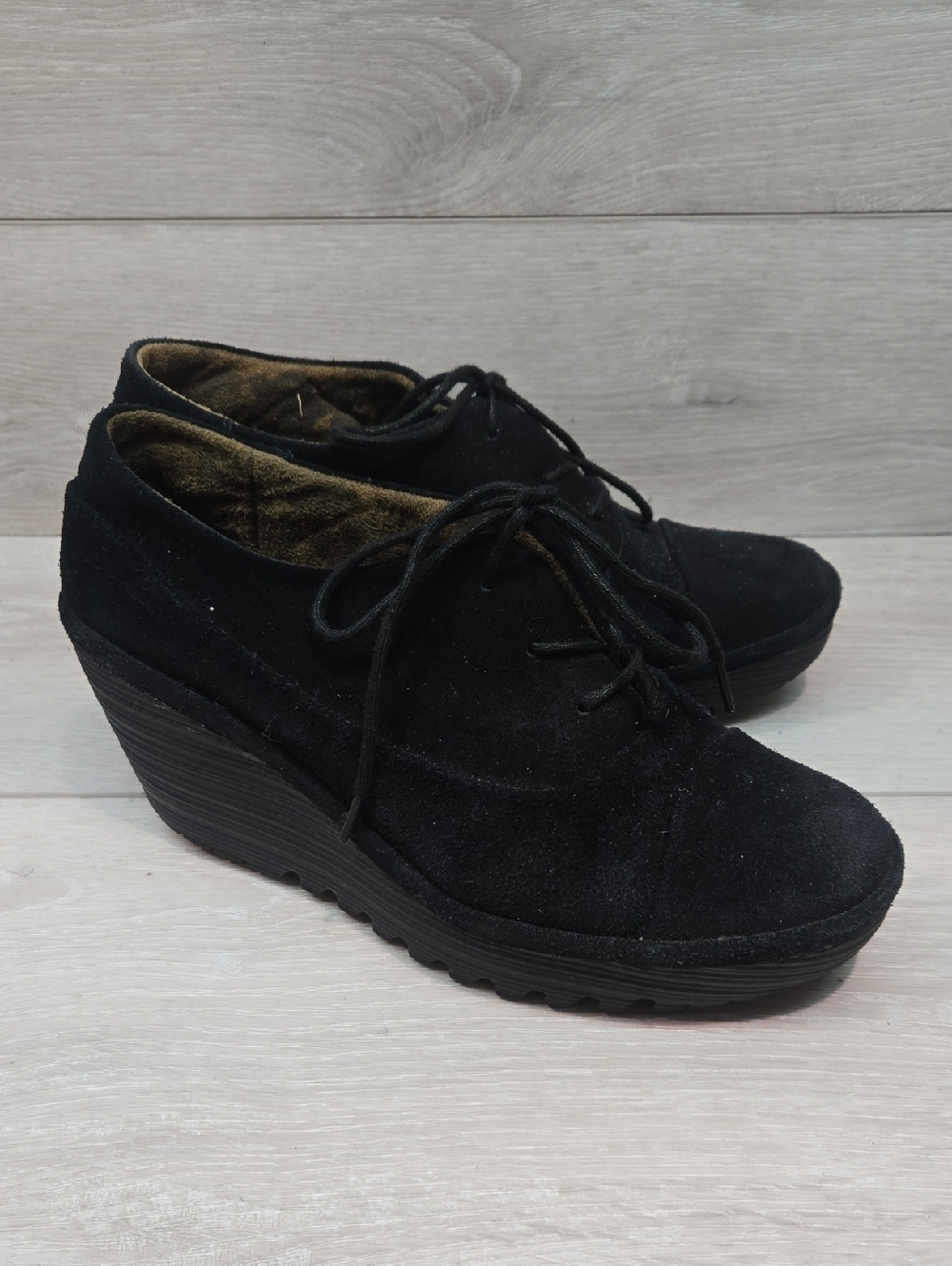 Fly London Women Black Suede Wedge Lace-Up Boots Shoes Sz 38/7.5